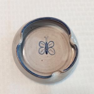 Ashtray Pottery Blue And Gray With Butterfly